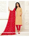 Cotton Cream And Red Embroidered Work Churidar Designer Suit