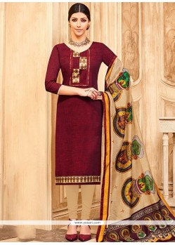 Maroon Print Work Art Silk Churidar Designer Suit