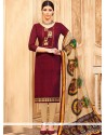 Maroon Print Work Art Silk Churidar Designer Suit