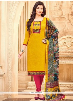 Art Silk Pink And Yellow Churidar Designer Suit