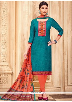 Print Work Blue And Orange Art Silk Churidar Designer Suit