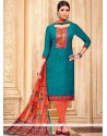 Print Work Blue And Orange Art Silk Churidar Designer Suit