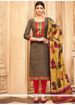 Print Work Brown And Red Art Silk Churidar Designer Suit