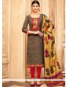 Print Work Brown And Red Art Silk Churidar Designer Suit