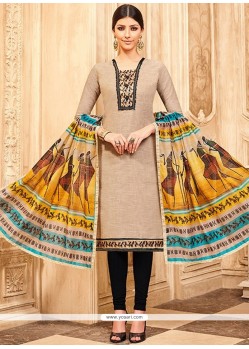 Print Work Beige And Black Churidar Designer Suit