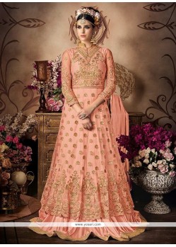 Embroidered Net Floor Length Anarkali Suit In Peach