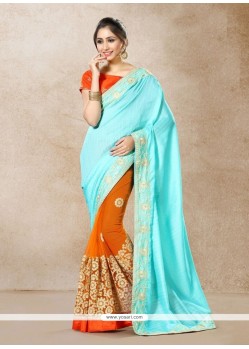 Net Blue And Orange Lace Work Designer Half N Half Saree