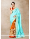 Net Blue And Orange Lace Work Designer Half N Half Saree