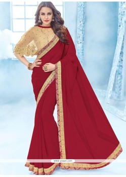 Patch Border Work Red Faux Chiffon Classic Designer Saree