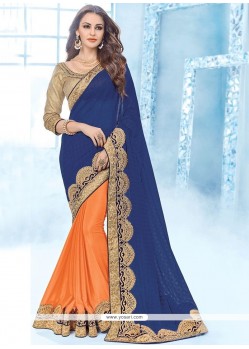 Navy Blue And Orange Patch Border Work Faux Georgette Half N Half Designer Saree