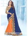 Navy Blue And Orange Patch Border Work Faux Georgette Half N Half Designer Saree