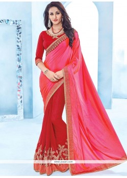 Art Silk Hot Pink And Red Half N Half Saree