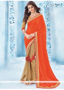 Beige And Orange Embroidered Work Faux Chiffon Designer Half N Half Saree