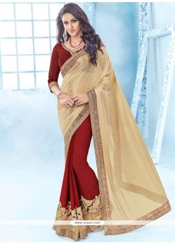 Beige And Maroon Embroidered Work Half N Half Saree