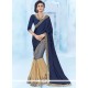 Net Beige And Navy Blue Designer Half N Half Saree