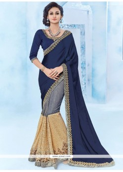 Net Beige And Navy Blue Designer Half N Half Saree