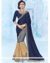 Net Beige And Navy Blue Designer Half N Half Saree