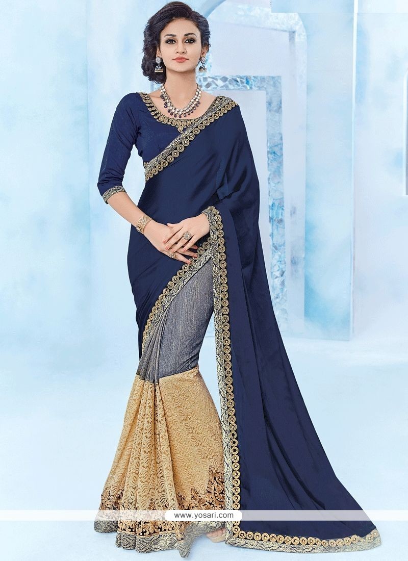 Buy Net Beige And Navy Blue Designer Half N Half Saree Designer Sarees