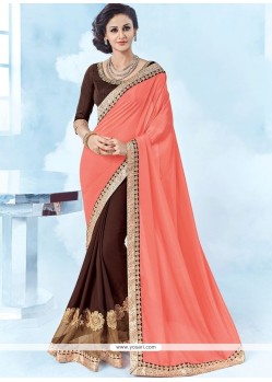 Brown And Pink Patch Border Work Designer Half N Half Saree