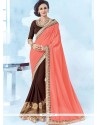 Brown And Pink Patch Border Work Designer Half N Half Saree