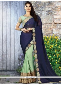 Net Navy Blue And Sea Green Designer Half N Half Saree