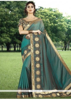 Teal Embroidered Work Traditional Saree