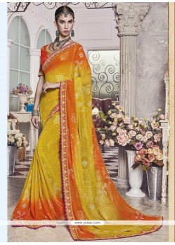 Orange And Yellow Print Work Printed Saree