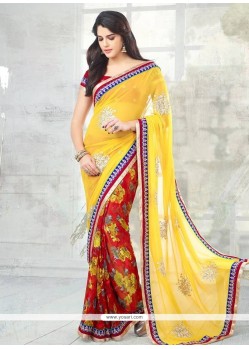 Red And Yellow Patch Border Work Designer Half N Half Saree