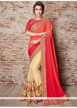 Beige, Orange And Red Embroidered Work Faux Crepe Designer Half N Half Saree