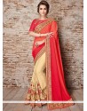 Beige, Orange And Red Embroidered Work Faux Crepe Designer Half N Half Saree