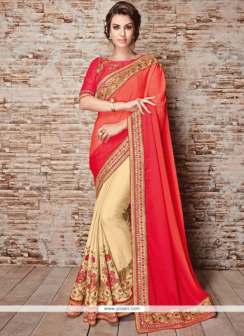 Buy Beige, Orange And Red Embroidered Work Faux Crepe Designer Half N ...