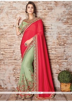 Faux Chiffon Green And Red Half N Half Designer Saree