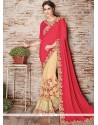 Patch Border Faux Georgette Designer Half N Half Saree In Cream And Red