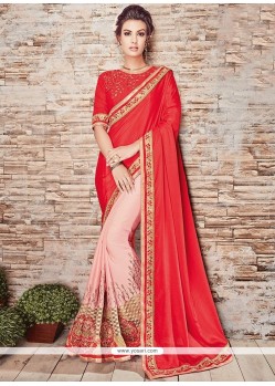 Faux Crepe Pink And Red Embroidered Work Designer Half N Half Saree