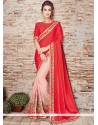 Faux Crepe Pink And Red Embroidered Work Designer Half N Half Saree