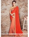 Faux Chiffon Orange And Peach Embroidered Work Half N Half Trendy Saree