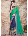 Navy Blue And Sea Green Patch Border Work Faux Chiffon Designer Half N Half Saree