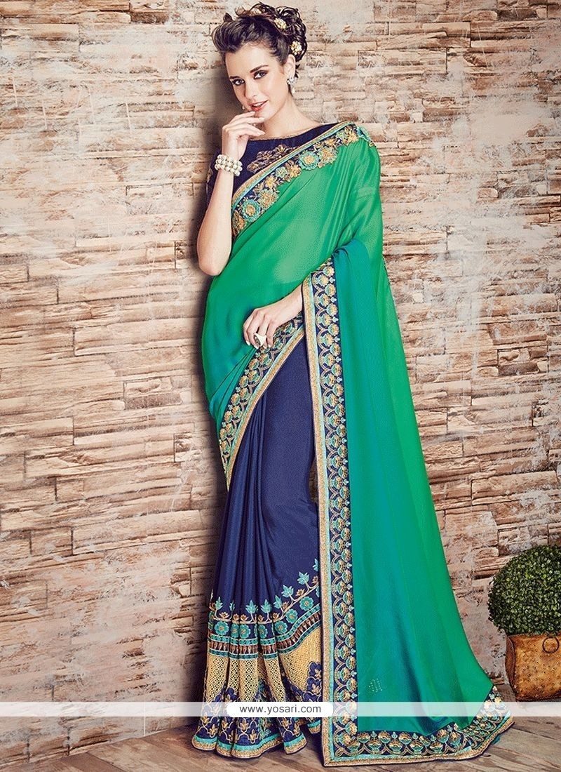 Buy Navy Blue And Sea Green Patch Border Work Faux Chiffon Designer ...
