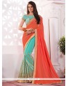 Patch Border Work Blue And Orange Designer Half N Half Saree