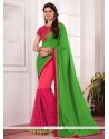 Net Green And Hot Pink Embroidered Work Designer Half N Half Saree