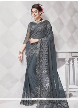 Grey Embroidered Work Net Classic Designer Saree