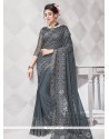 Grey Embroidered Work Net Classic Designer Saree