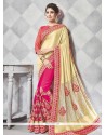 Faux Georgette Cream And Pink Half N Half Saree