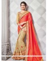 Faux Crepe Beige And Orange Patch Border Work Half N Half Saree