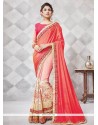 Patch Border Faux Crepe Designer Half N Half Saree In Peach And Pink