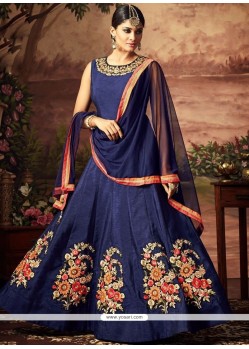 Embroidered Art Silk Readymade Anarkali Suit In Navy Blue