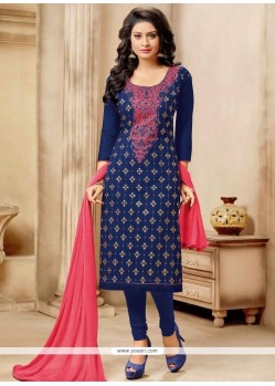 Resham Work Navy Blue Cotton Churidar Designer Suit