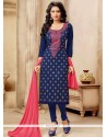 Resham Work Navy Blue Cotton Churidar Designer Suit