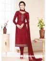 Embroidered Work Faux Georgette Maroon Churidar Designer Suit