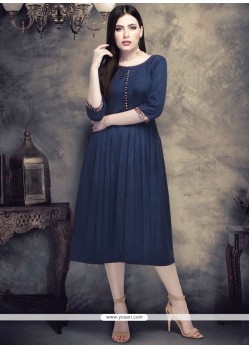 Plain Work Navy Blue Cotton Party Wear Kurti